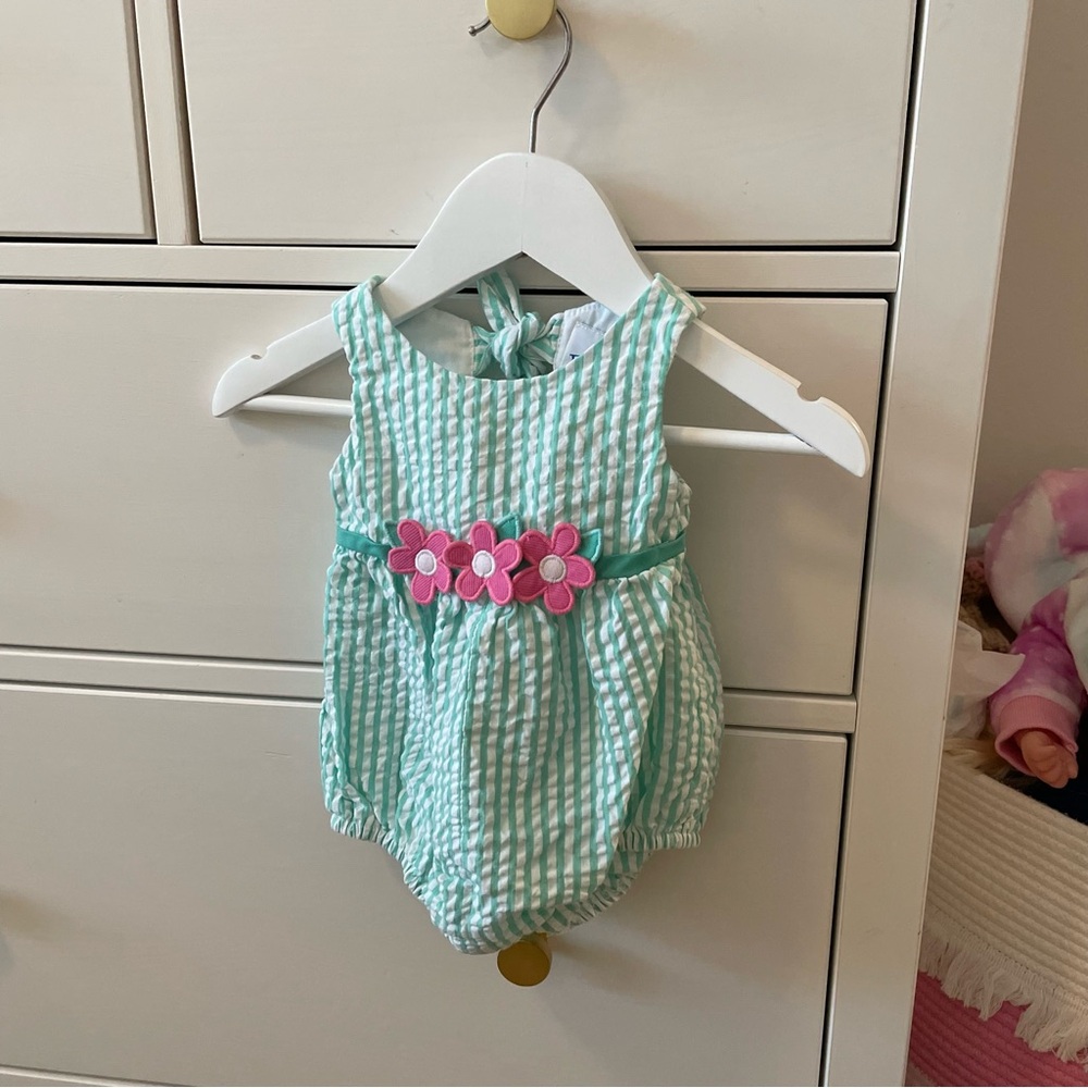 Florence Eiseman Green Gingham Seersucker Romper Size 3 Months
